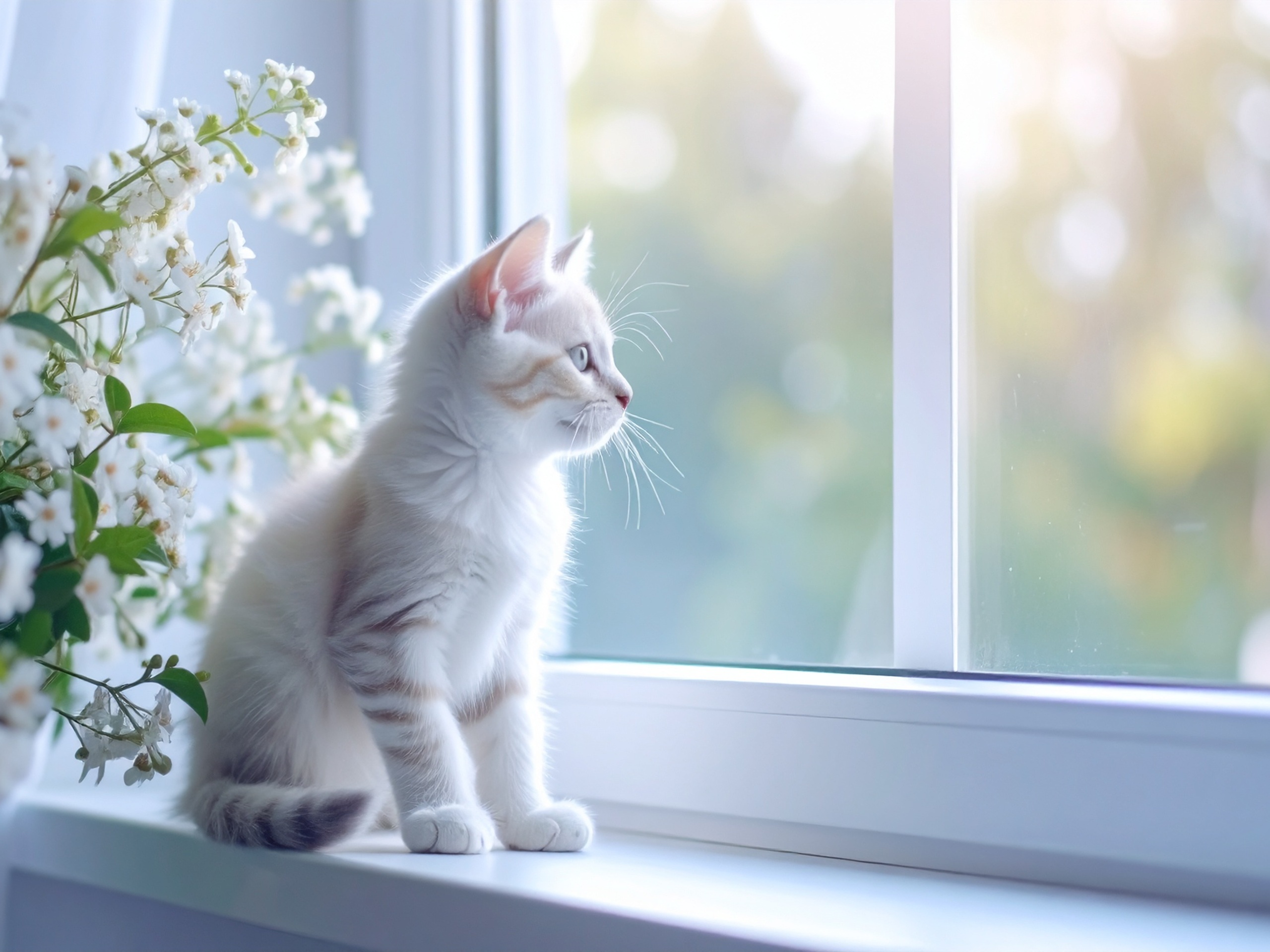 猫と暮らす家×全館空調の心地よさ完成内覧会リビング窓から外を見る白猫｜富士宮市小泉｜イデキョウホーム