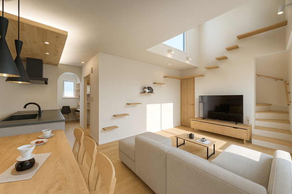 猫と暮らす家×全館空調の心地よさ完成内覧会リビングイメージ｜富士宮市小泉｜イデキョウホーム